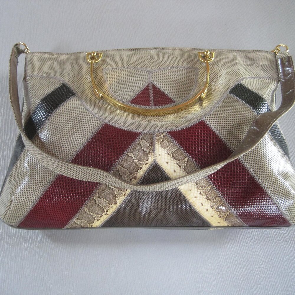 Bags by Varon vintage snakeskin handbag multicolor brass handles EVC 1960’s - Picture 2 of 7